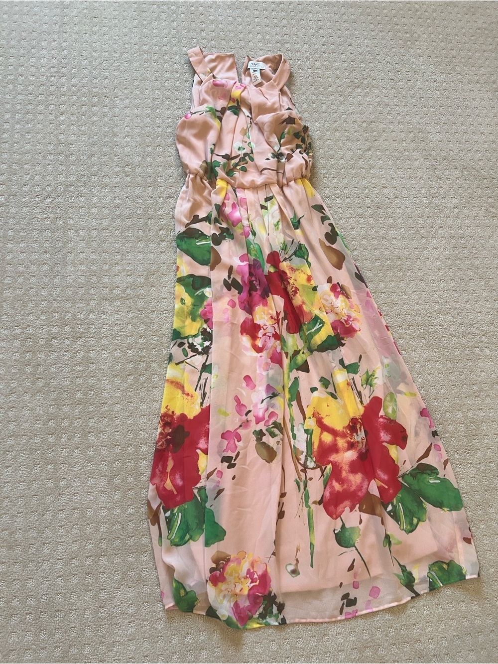 Sleeveless Pink Floral Maxi Dress with Multicolor Bloom Print